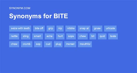 All solutions for "BITE" 4 letters crossword answer - We have 21 clues, 49 answers & 343 synonyms from 3 to 15 letters. . Synonym for bite